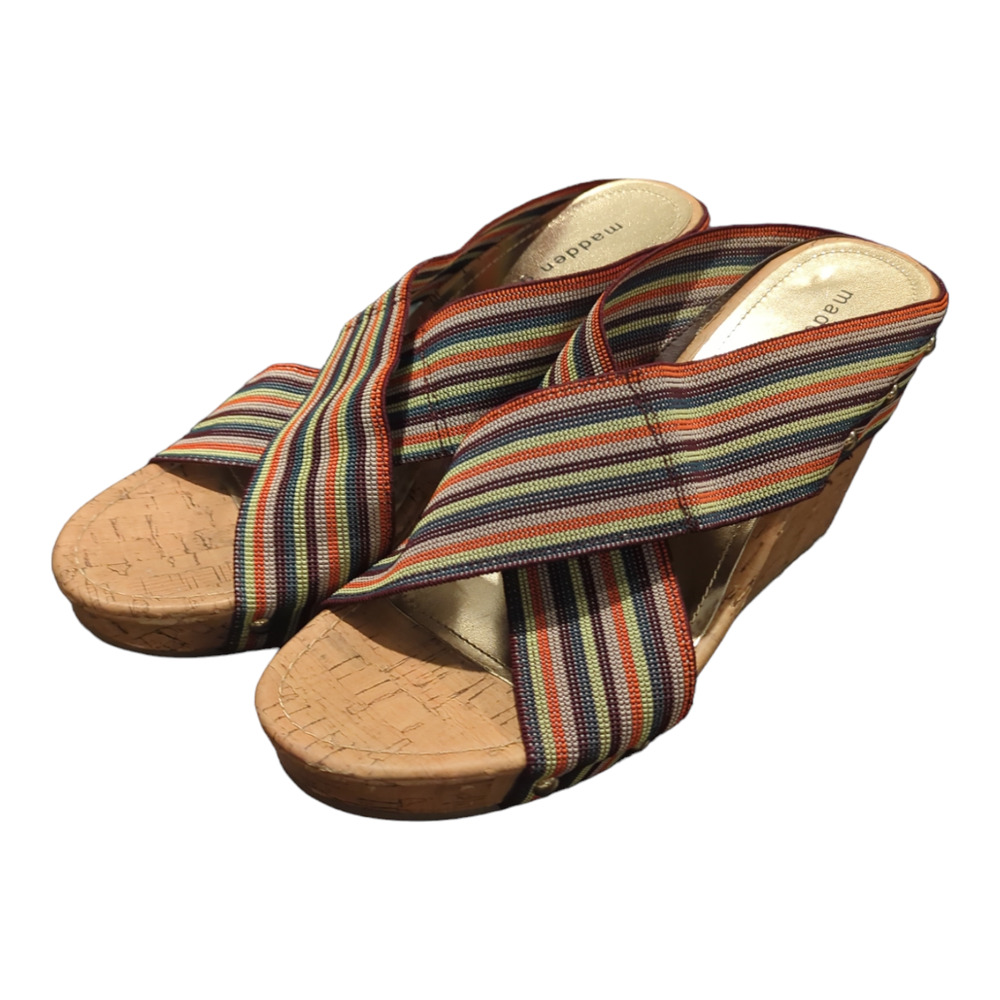 STEVE MADDEN GIRL Fabric Criss Cross Cork Heel Wedge Platform Sz 10 - Picture 3 of 12